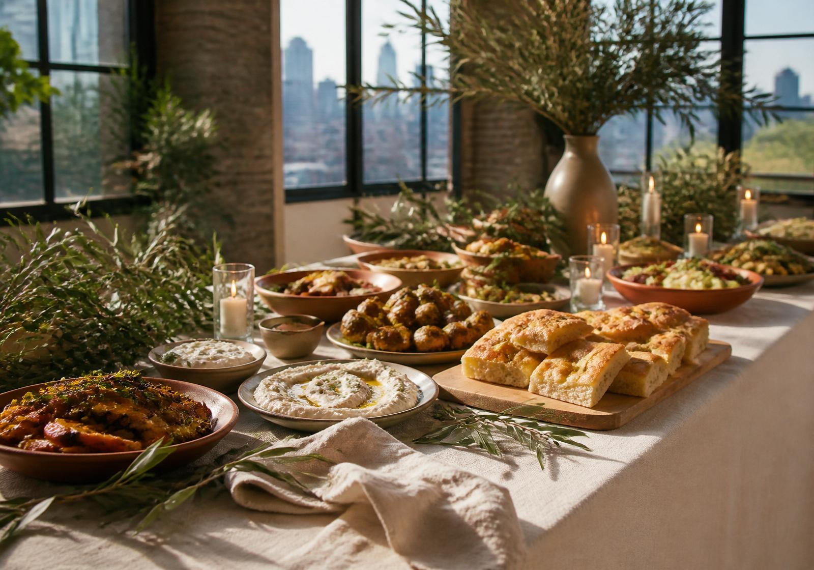 Mediterranean vegetarian catering spread on a wooden table