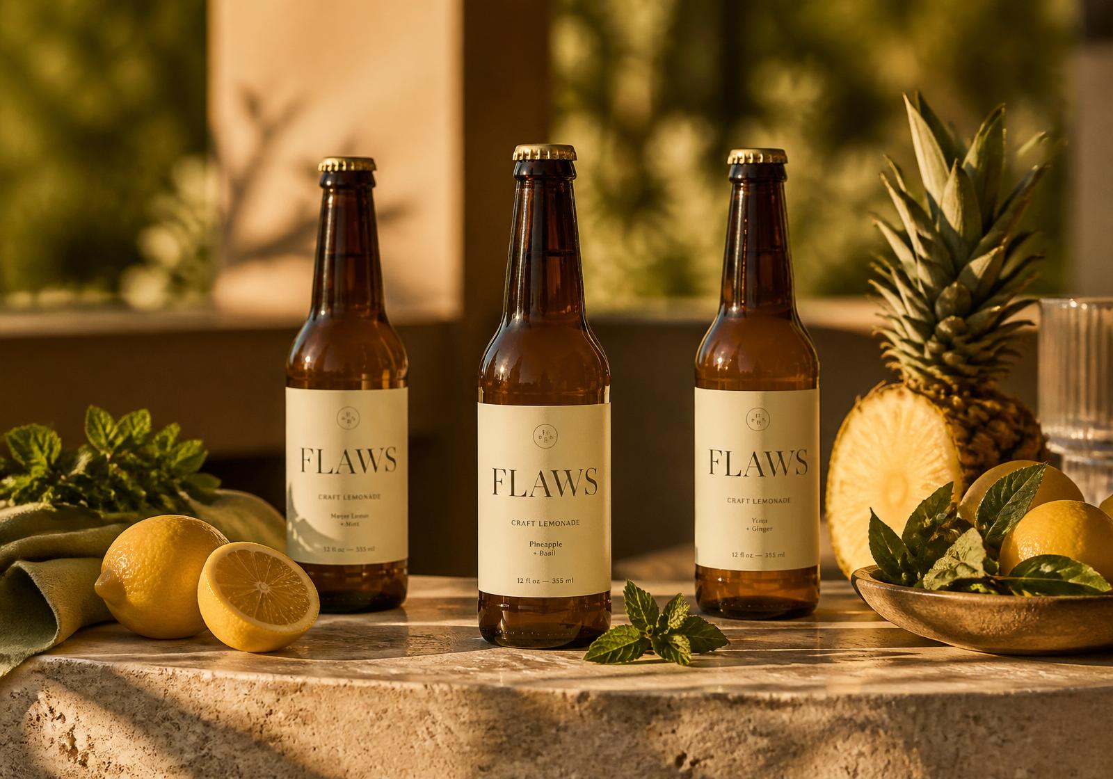 FLAWS craft lemonade signature bottles on a travertine bar