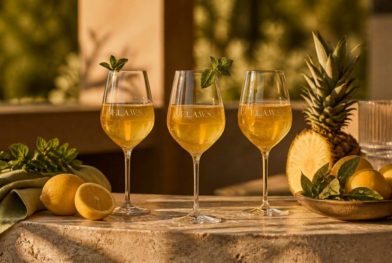 FLAWS craft lemonade poured in elegant wine glasses with lemons and fresh mint